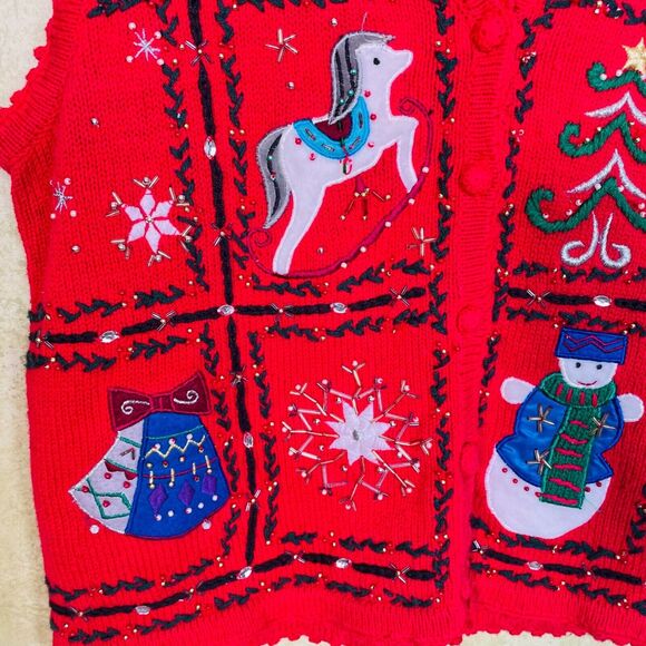 Designers Studio Original Christmas Red Embroidered Beaded Sweater Cardigan Size - Picture 5 of 10